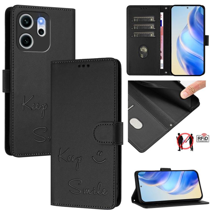 

For OPPO Reno14 F 5G Smile Embossing RFID Leather Phone Case(Black)