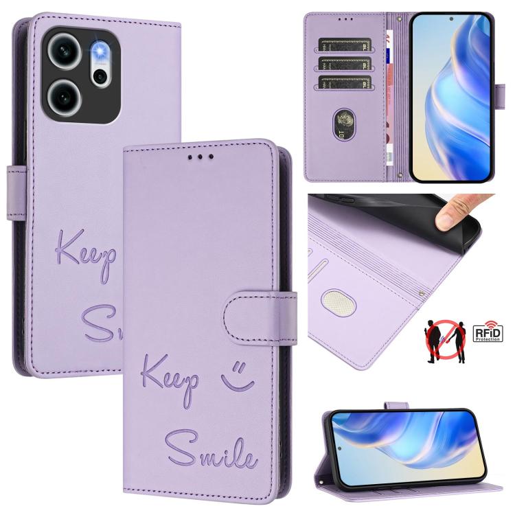 

For OPPO Reno14 F 5G Smile Embossing RFID Leather Phone Case(Light Purple)