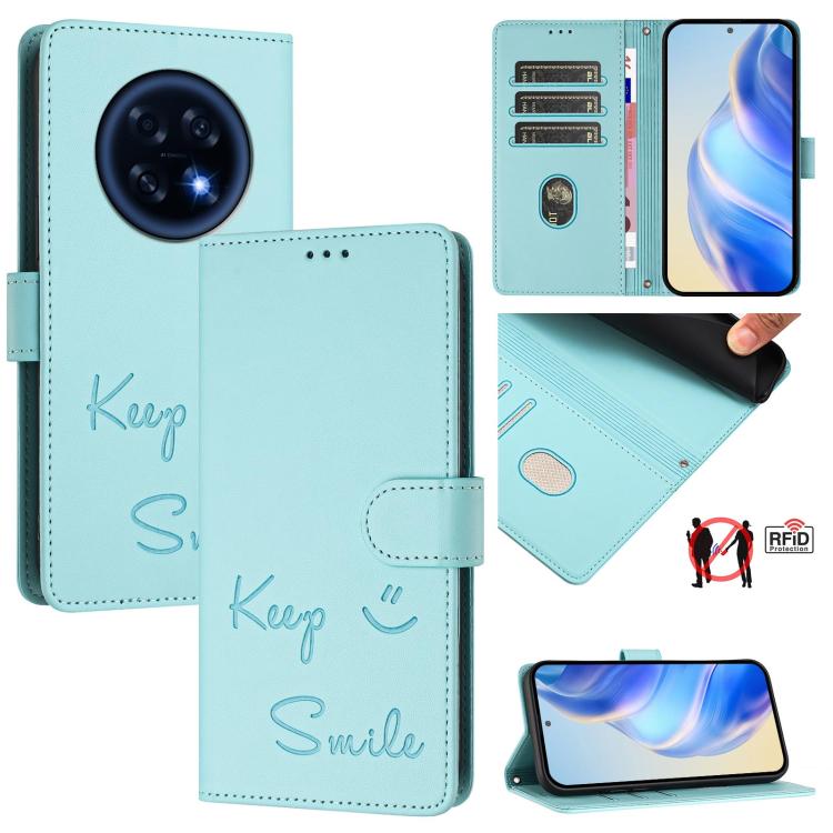 

For OPPO A6 GT 5G Smile Embossing RFID Leather Phone Case(Mint Green)