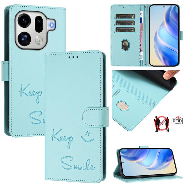 

For OPPO Find X9 Pro Smile Embossing RFID Leather Phone Case(Mint Green)