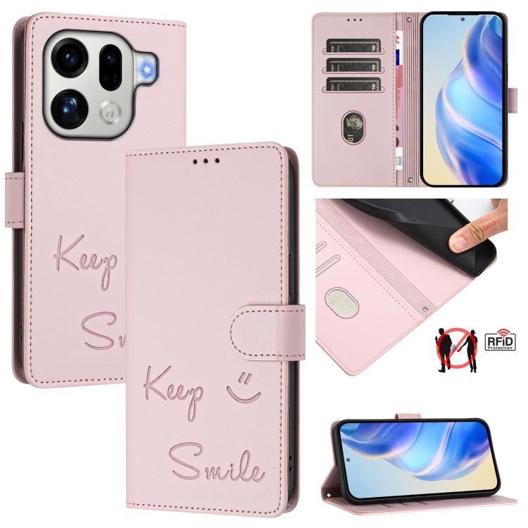 

For OPPO Find X9 Pro Smile Embossing RFID Leather Phone Case(Pink)