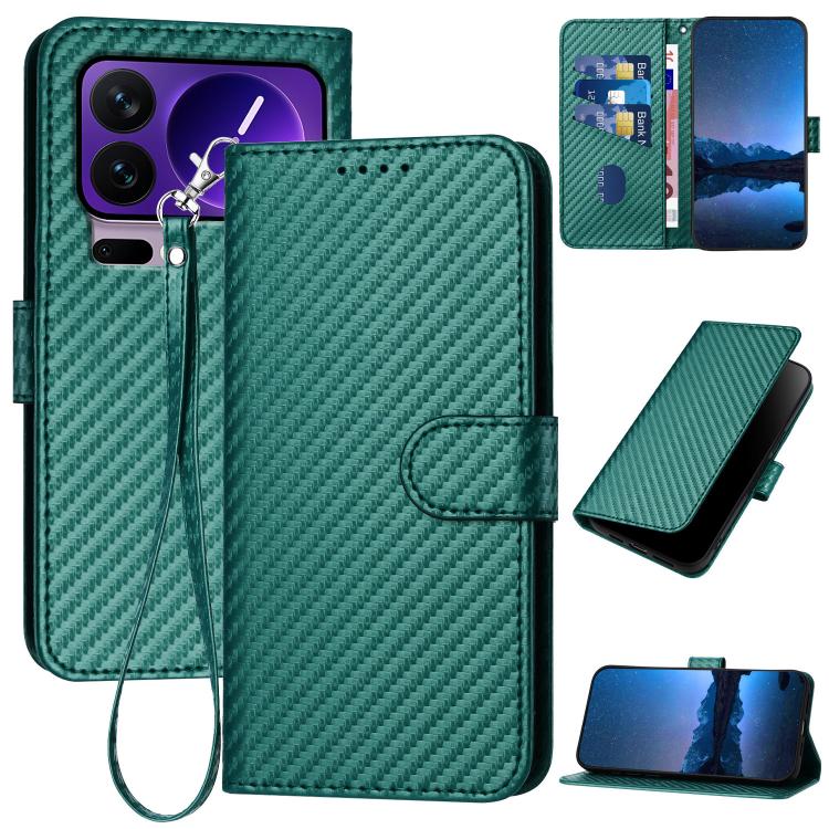 

For Xiaomi 17 Pro YX0070 Carbon Fiber Buckle Leather Phone Case with Lanyard(Dark Green)