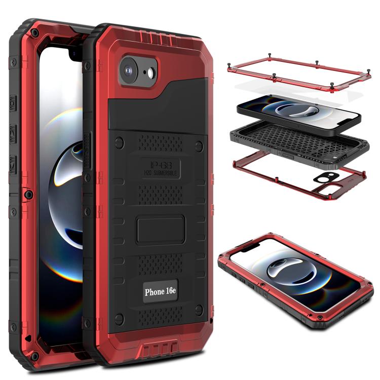

For iPhone 16e Four-proof Metal Hybrid Silicone Phone Case(Red)