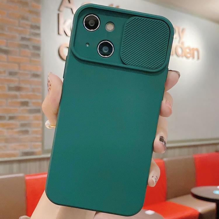 

For iPhone 15 Plus Slid Camera Shield Liquid Silicone TPU Phone Case(Dark Green)