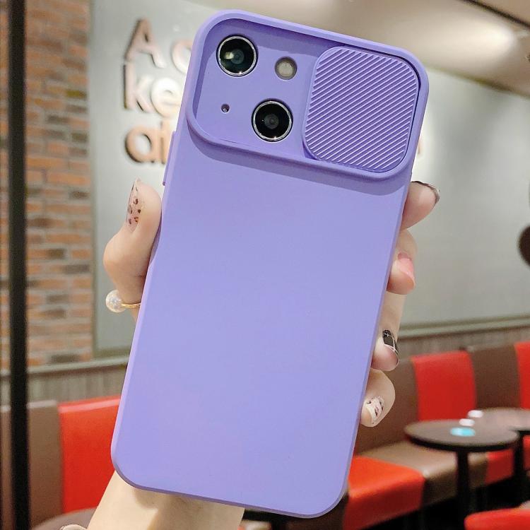 

For iPhone 14 Plus Slid Camera Shield Liquid Silicone TPU Phone Case(Lavender Purple)