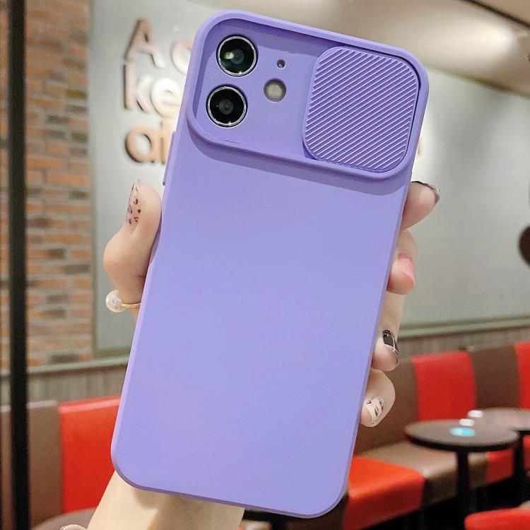 

For iPhone 12 Slid Camera Shield Liquid Silicone TPU Phone Case(Lavender Purple)