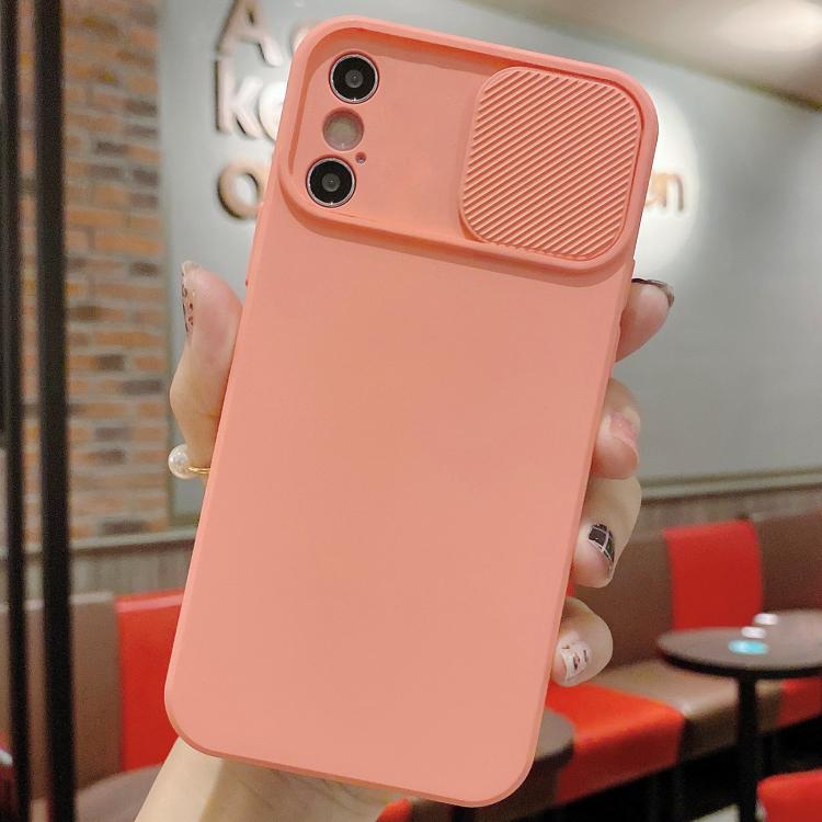 

For iPhone XS Max Slid Camera Shield Liquid Silicone TPU Phone Case(Pink Orange)