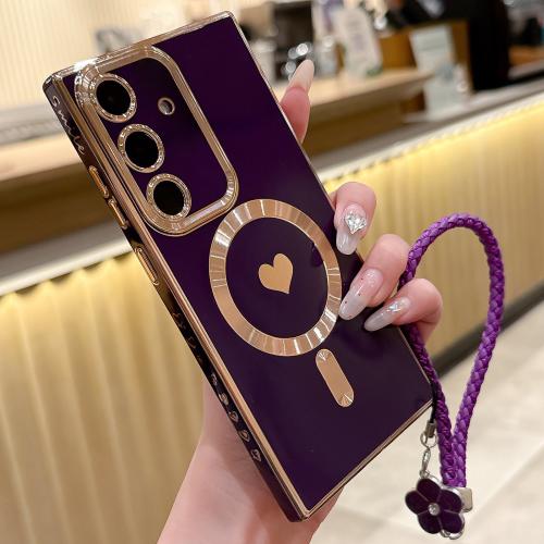 

For Samsung Galaxy S25 5G Pupil Side Heart MagSafe Electroplating Phone Case with Lanyard(Dark Purple)