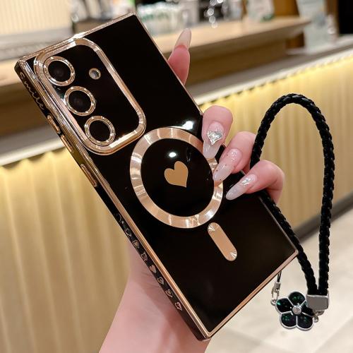 

For Samsung Galaxy S25+ 5G Pupil Side Heart MagSafe Electroplating Phone Case with Lanyard(Black)