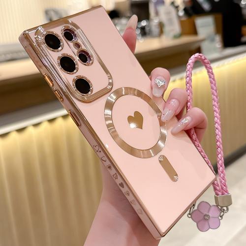 

For Samsung Galaxy S25 Ultra 5G Pupil Side Heart MagSafe Electroplating Phone Case with Lanyard(Pink)