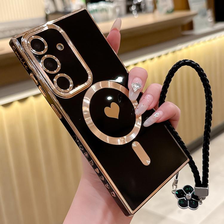 

For Samsung Galaxy S24 FE 5G Pupil Side Heart MagSafe Electroplating Phone Case with Lanyard(Black)
