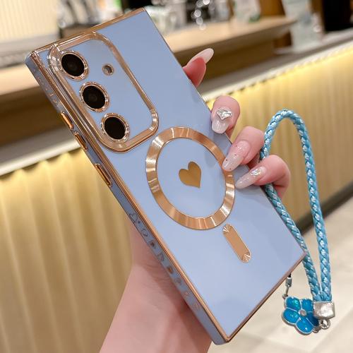 

For Samsung Galaxy S23 FE 5G Pupil Side Heart MagSafe Electroplating Phone Case with Lanyard(Far Peak Blue)