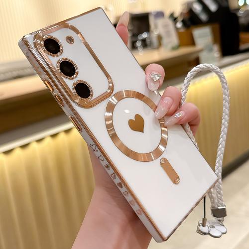 

For Samsung Galaxy S23 5G Pupil Side Heart MagSafe Electroplating Phone Case with Lanyard(White)