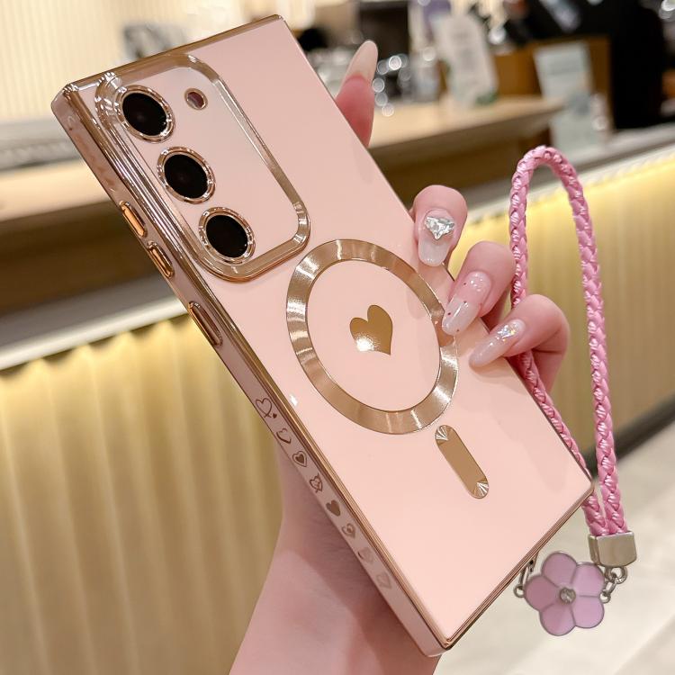 

For Samsung Galaxy S23 5G Pupil Side Heart MagSafe Electroplating Phone Case with Lanyard(Pink)
