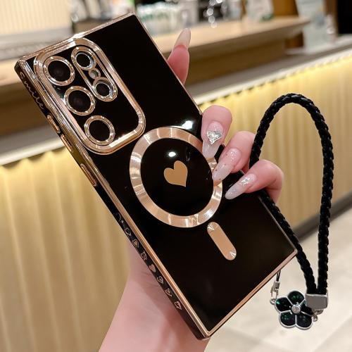 

For Samsung Galaxy S22 Ultra 5G Pupil Side Heart MagSafe Electroplating Phone Case with Lanyard(Black)