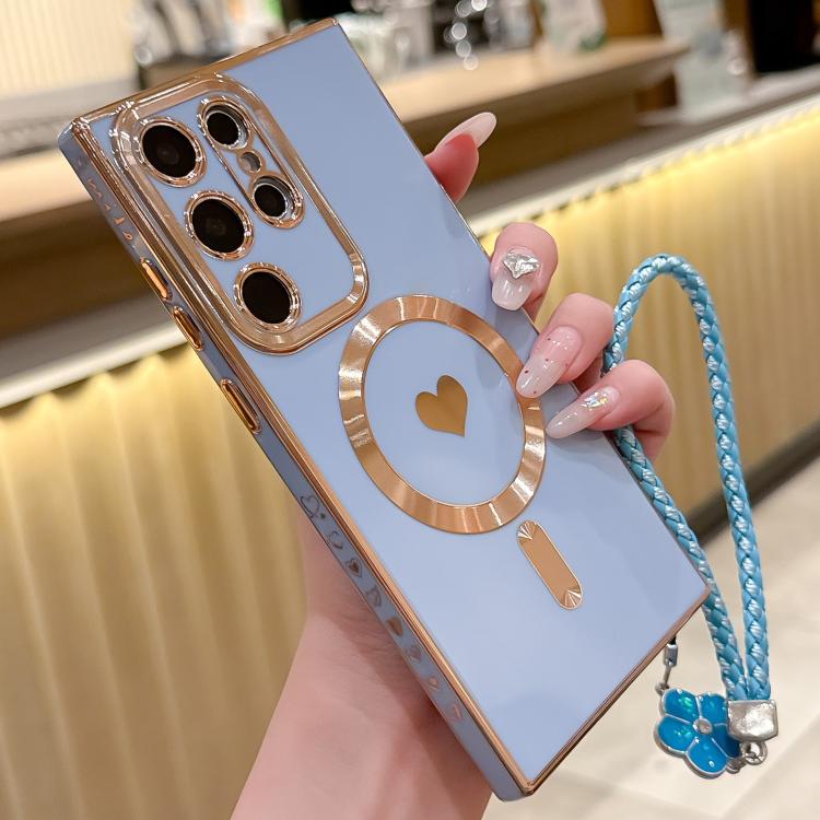 

For Samsung Galaxy S22 Ultra 5G Pupil Side Heart MagSafe Electroplating Phone Case with Lanyard(Far Peak Blue)