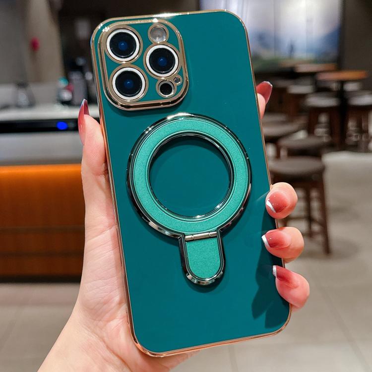 

For iPhone 16 Pro Max Solid Color Electroplated Metal Holder Phone Case(Dark Green)