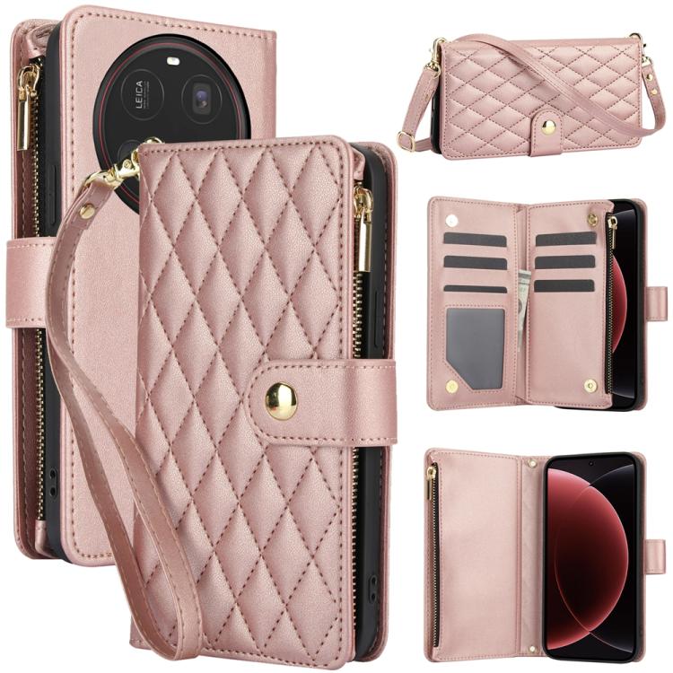 

For Xiaomi 15 Ultra YM016 Rhombic Zipper Card Wallet Leather Phone Case with Lanyard(Rose Gold)