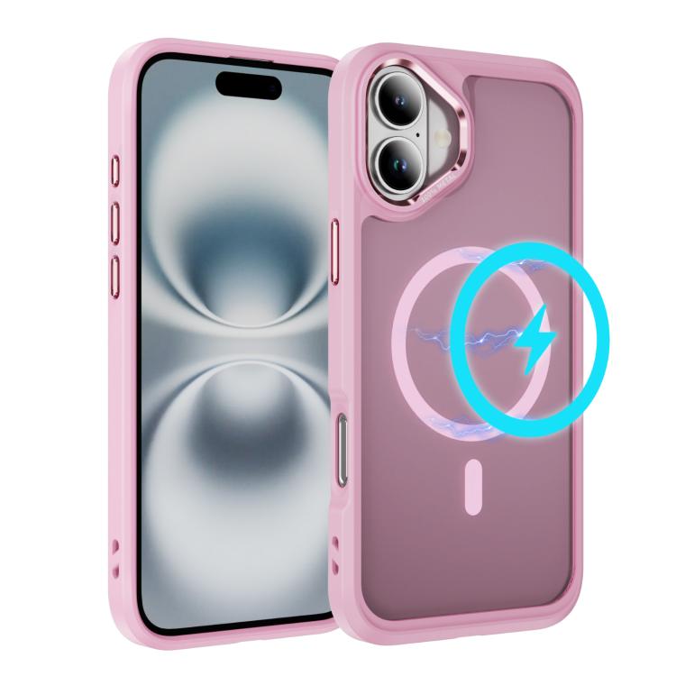 

For iPhone 16 Plus Hardware Lens Protection MagSafe Magnetic PC Hybrid TPU Phone Case(Pink)