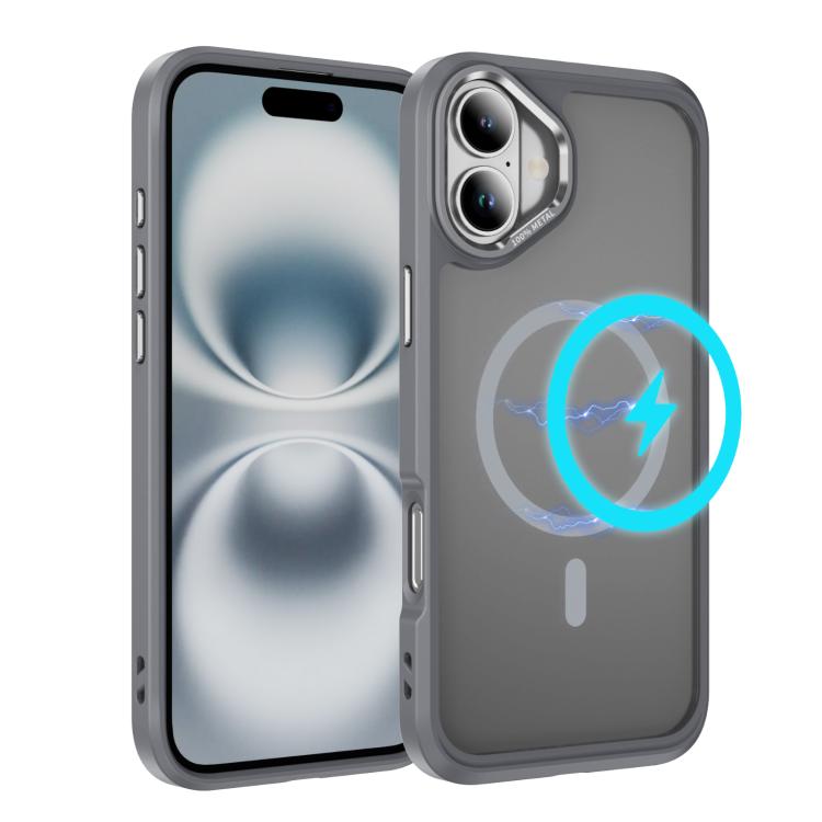 

For iPhone 16 Plus Hardware Lens Protection MagSafe Magnetic PC Hybrid TPU Phone Case(Grey)