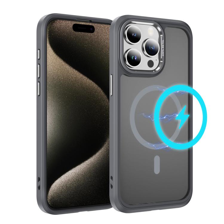 

For iPhone 15 Pro Hardware Lens Protection MagSafe Magnetic PC Hybrid TPU Phone Case(Grey)