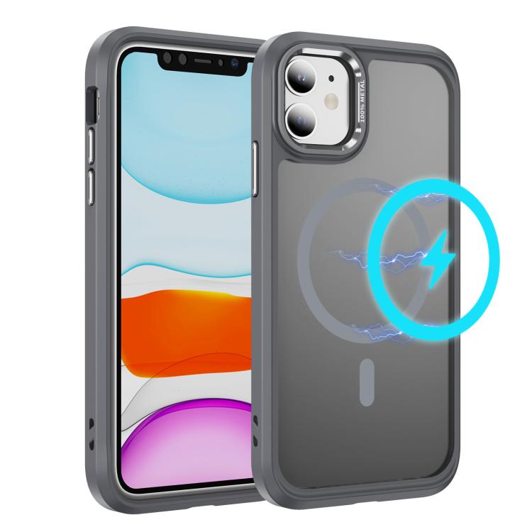 

For iPhone 12 / 12 Pro Hardware Lens Protection MagSafe Magnetic PC Hybrid TPU Phone Case(Grey)