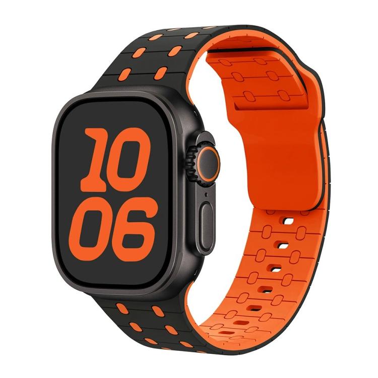 

For Apple Watch 46mm / 49mm / 45mm / 44mm Three-color Reverse Buckle Silicone Watch Band(Black Orange)