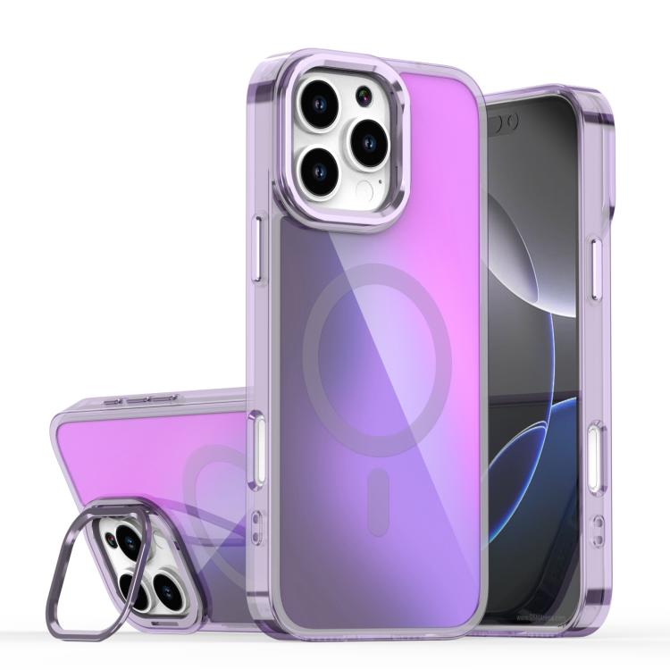 

For iPhone 16 Pro Max Plating Gradient Discolor MagSafe Phone Case with Holder(Purple)
