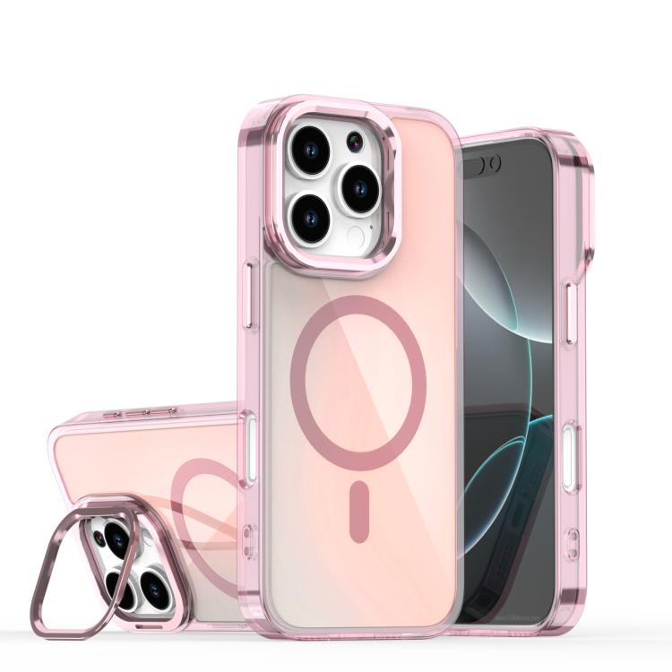 

For iPhone 16 Pro Plating Gradient Discolor MagSafe Phone Case with Holder(Pink)