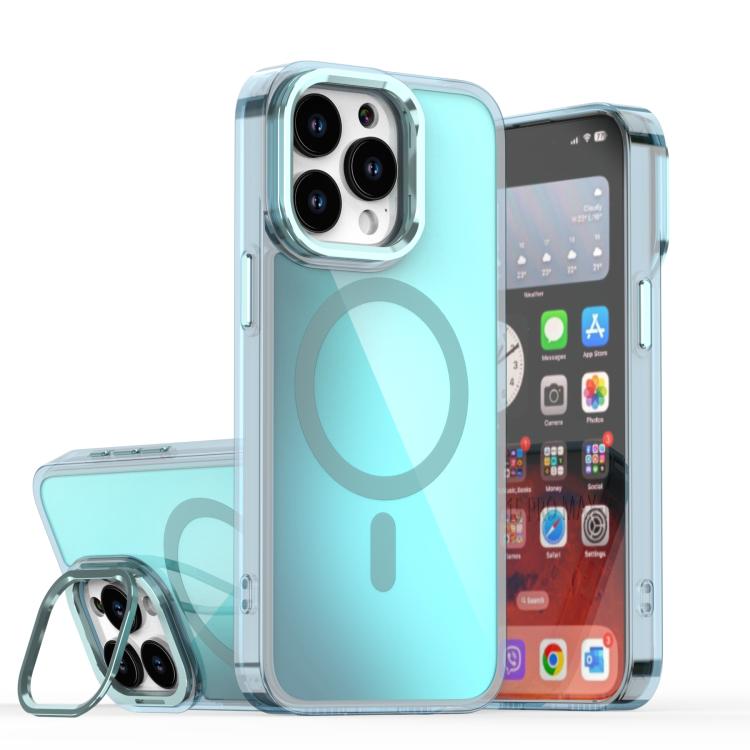 

For iPhone 15 Pro Max Plating Gradient Discolor MagSafe Phone Case with Holder(Blue)