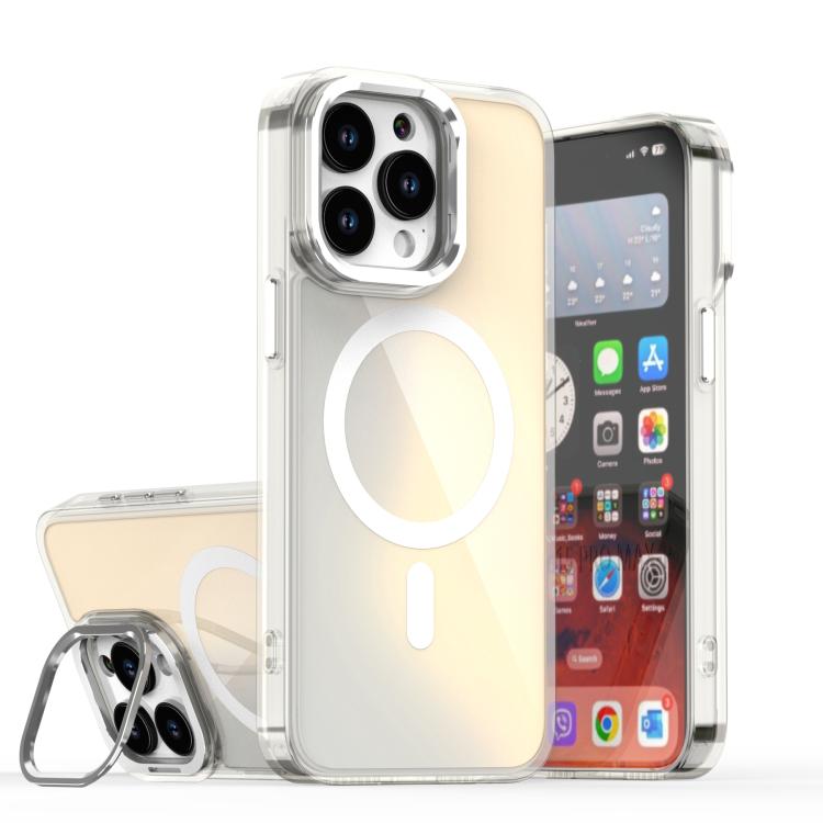 

For iPhone 15 Pro Max Plating Gradient Discolor MagSafe Phone Case with Holder(White)