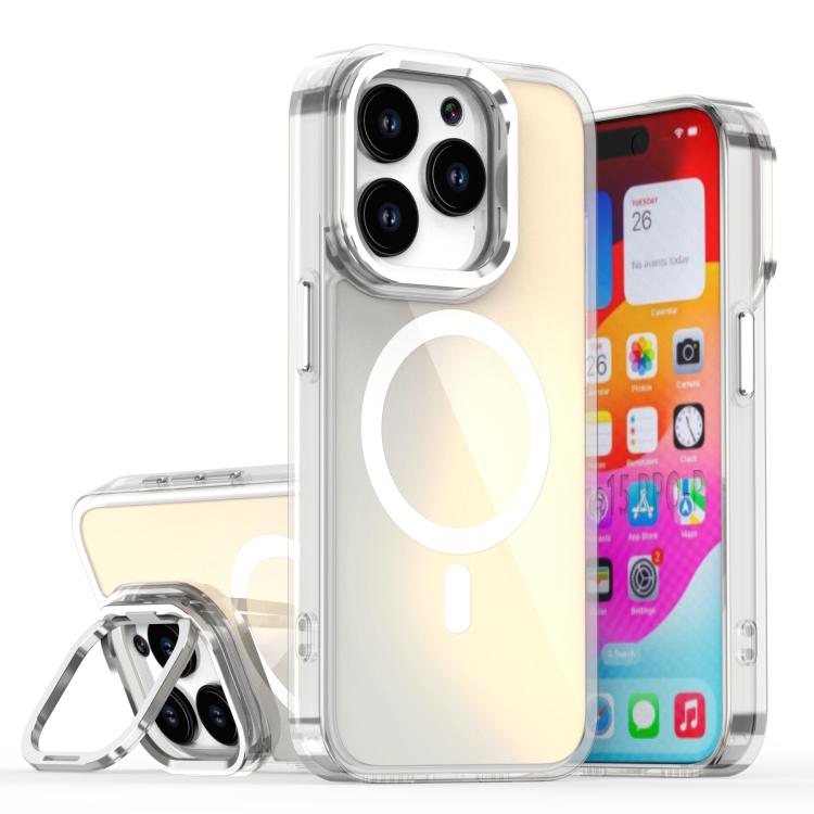 

For iPhone 15 Pro Plating Gradient Discolor MagSafe Phone Case with Holder(White)