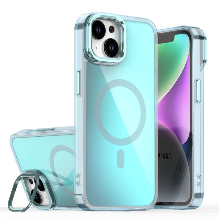 

For iPhone 15 Plus Plating Gradient Discolor MagSafe Phone Case with Holder(Blue)