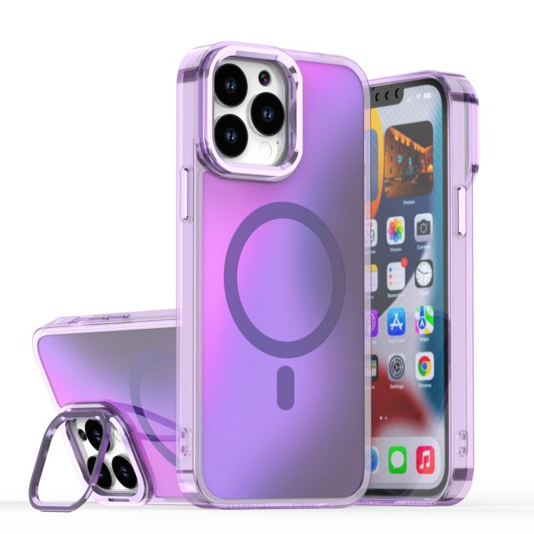 

For iPhone 14 Pro Plating Gradient Discolor MagSafe Phone Case with Holder(Purple)