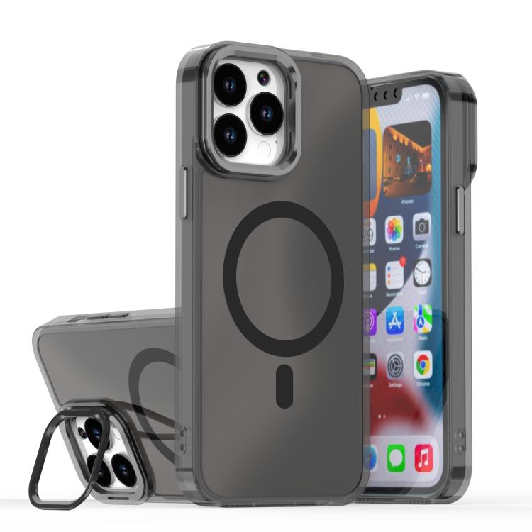 

For iPhone 14 Pro Plating Gradient Discolor MagSafe Phone Case with Holder(Black)