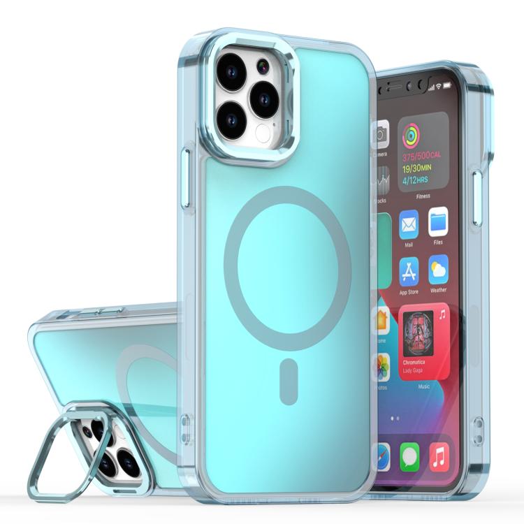 

For iPhone 12 / 12 Pro Plating Gradient Discolor MagSafe Phone Case with Holder(Blue)
