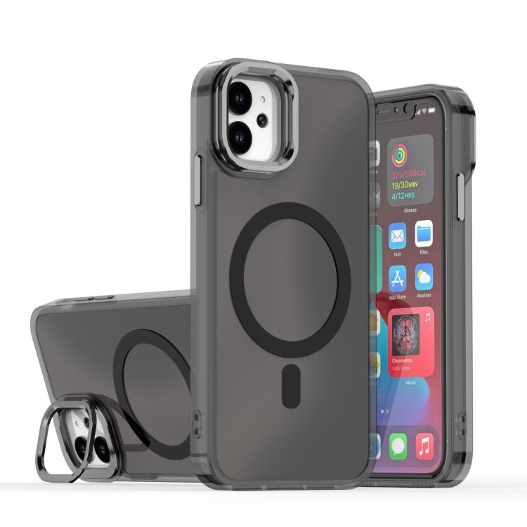 

For iPhone 11 Plating Gradient Discolor MagSafe Phone Case with Holder(Black)