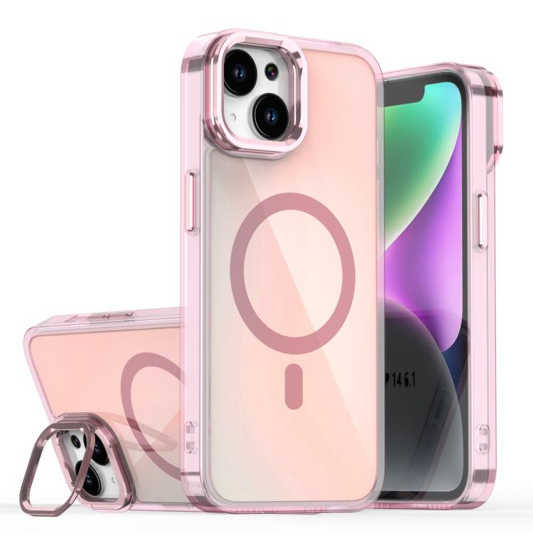 

For iPhone 13 Plating Gradient Discolor MagSafe Phone Case with Holder(Pink)