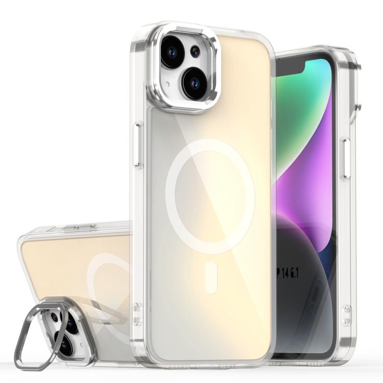 

For iPhone 13 Plating Gradient Discolor MagSafe Phone Case with Holder(White)