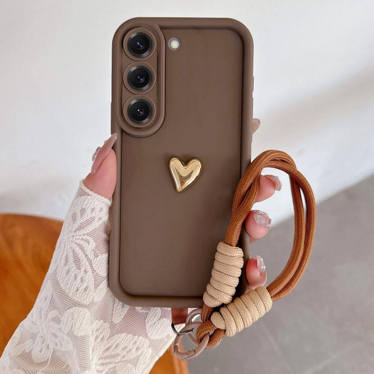 

For Samsung Galaxy S21+ 5G Solid Color 3D Love TPU Phone Case with Lanyard(Brown)