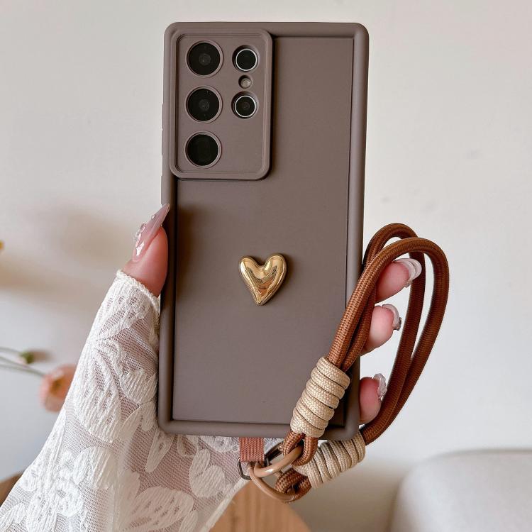 

For Samsung Galaxy S22 Ultra 5G Solid Color 3D Love TPU Phone Case with Lanyard(Brown)