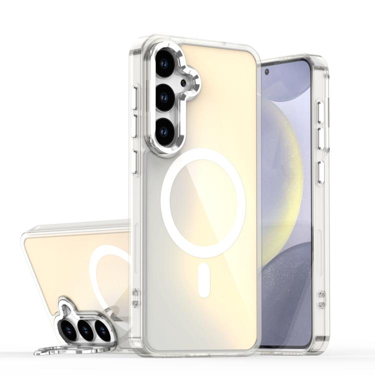 

For Samsung Galaxy S25+ 5G Plating Gradient Discolor MagSafe Phone Case with Holder(White)