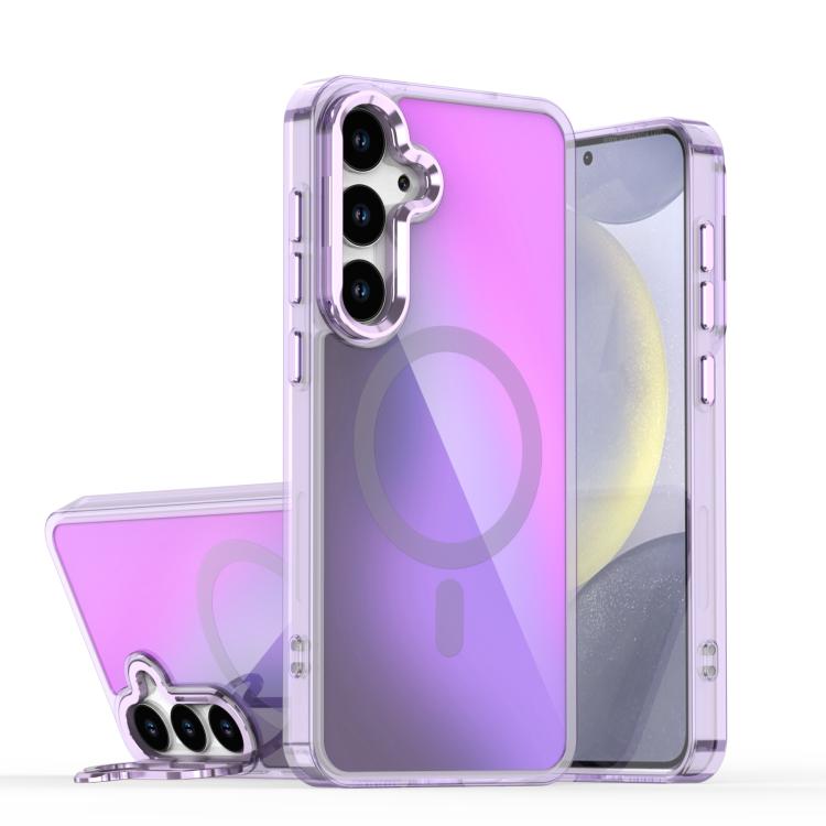 

For Samsung Galaxy S24+ 5G Plating Gradient Discolor MagSafe Phone Case with Holder(Purple)