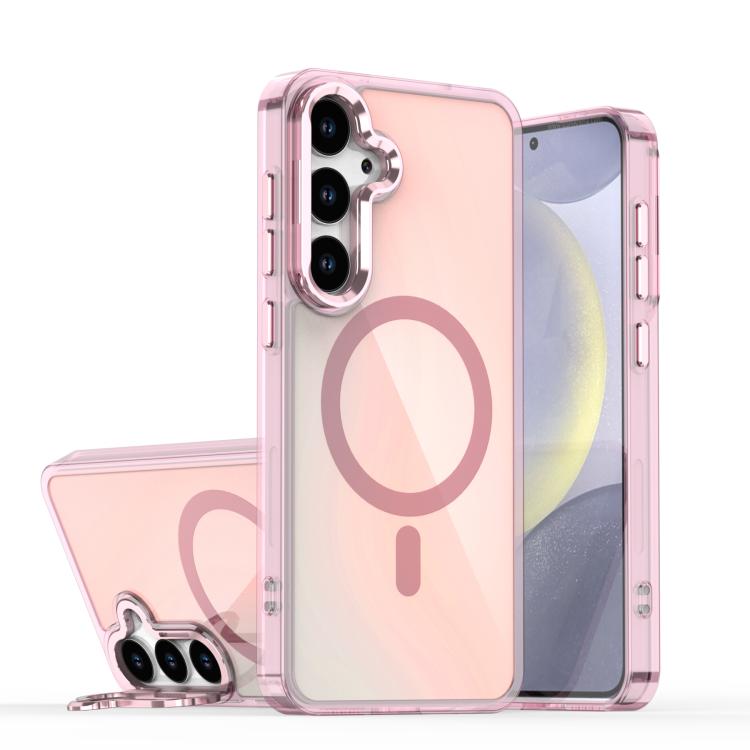 

For Samsung Galaxy S23+ 5G Plating Gradient Discolor MagSafe Phone Case with Holder(Pink)