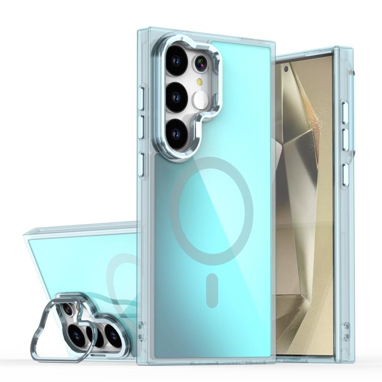 

For Samsung Galaxy S24 Ultra 5G Plating Gradient Discolor MagSafe Phone Case with Holder(Blue)