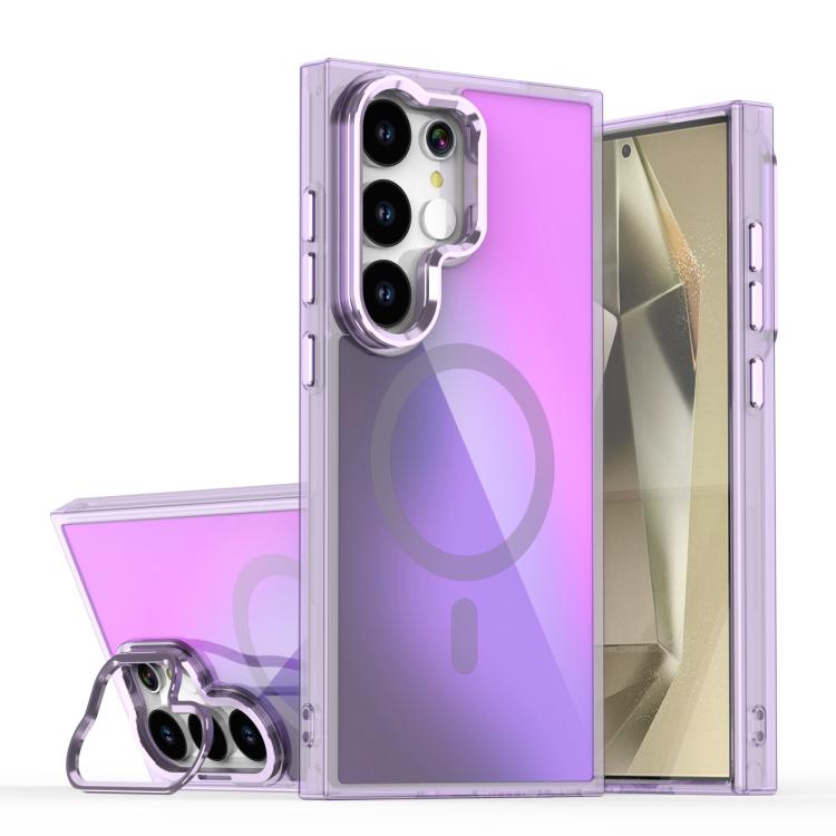 

For Samsung Galaxy S24 Ultra 5G Plating Gradient Discolor MagSafe Phone Case with Holder(Purple)