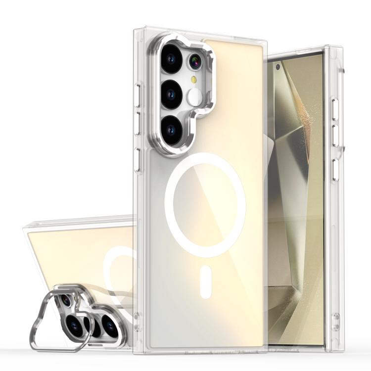 For Samsung Galaxy S24 Ultra 5G Plating Gradient Discolor MagSafe Phone Case with Holder(White)