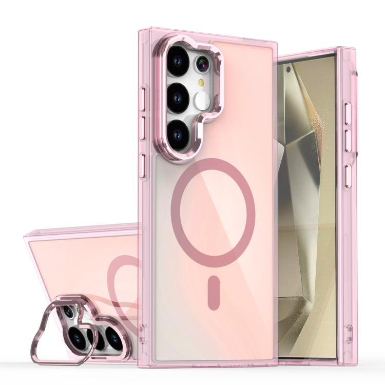 

For Samsung Galaxy S23 Ultra 5G Plating Gradient Discolor MagSafe Phone Case with Holder(Pink)