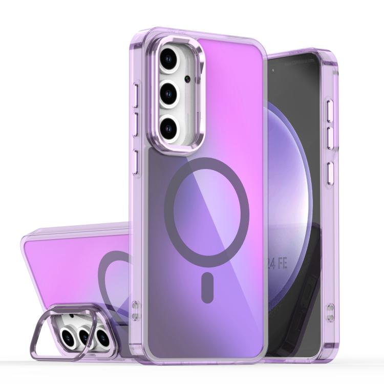 

For Samsung Galaxy S24 FE 5G Plating Gradient Discolor MagSafe Phone Case with Holder(Purple)