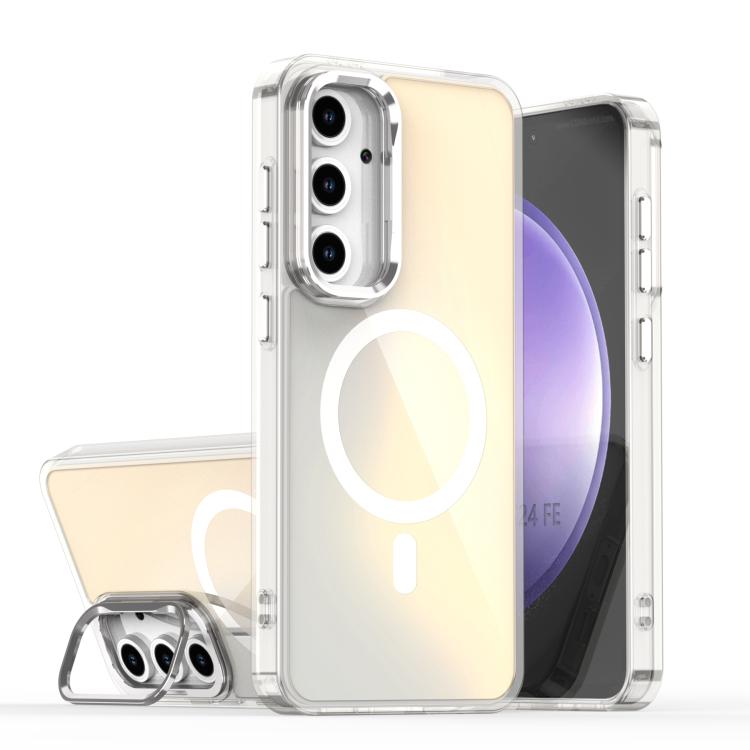 

For Samsung Galaxy S24 FE 5G Plating Gradient Discolor MagSafe Phone Case with Holder(White)